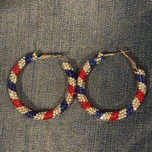 Red, Blue, and Silver rhinestone Hoop Earrings